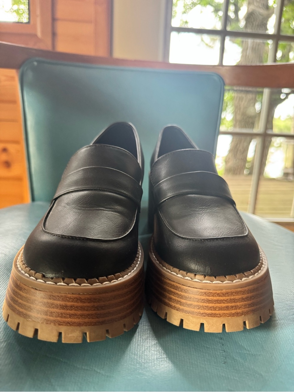 MIA Black Leather Platform Loafers with Wood-Effect Sole